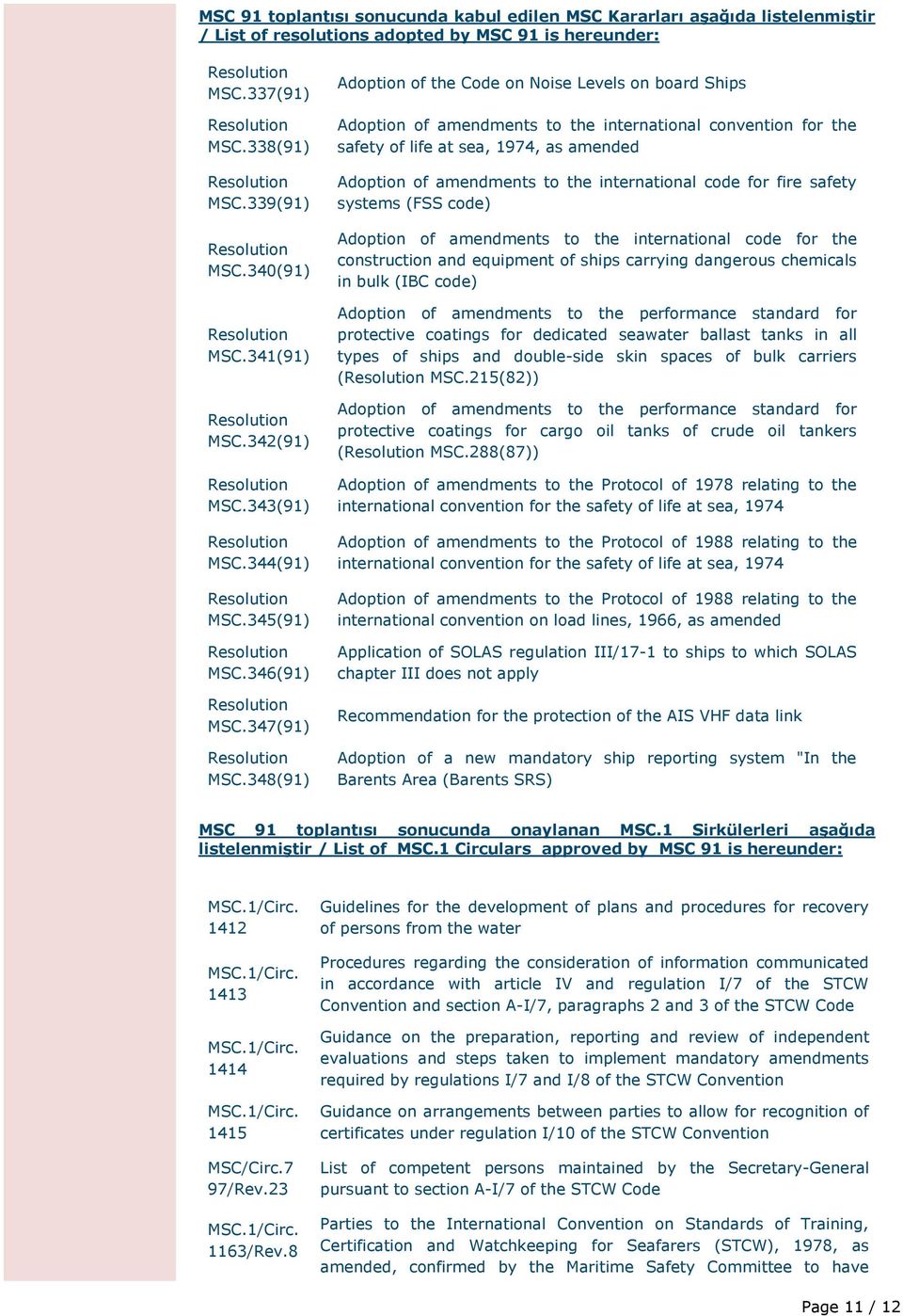 348(91) Adoption of the Code on Noise Levels on board Ships Adoption of amendments to the international convention for the safety of life at sea, 1974, as amended Adoption of amendments to the