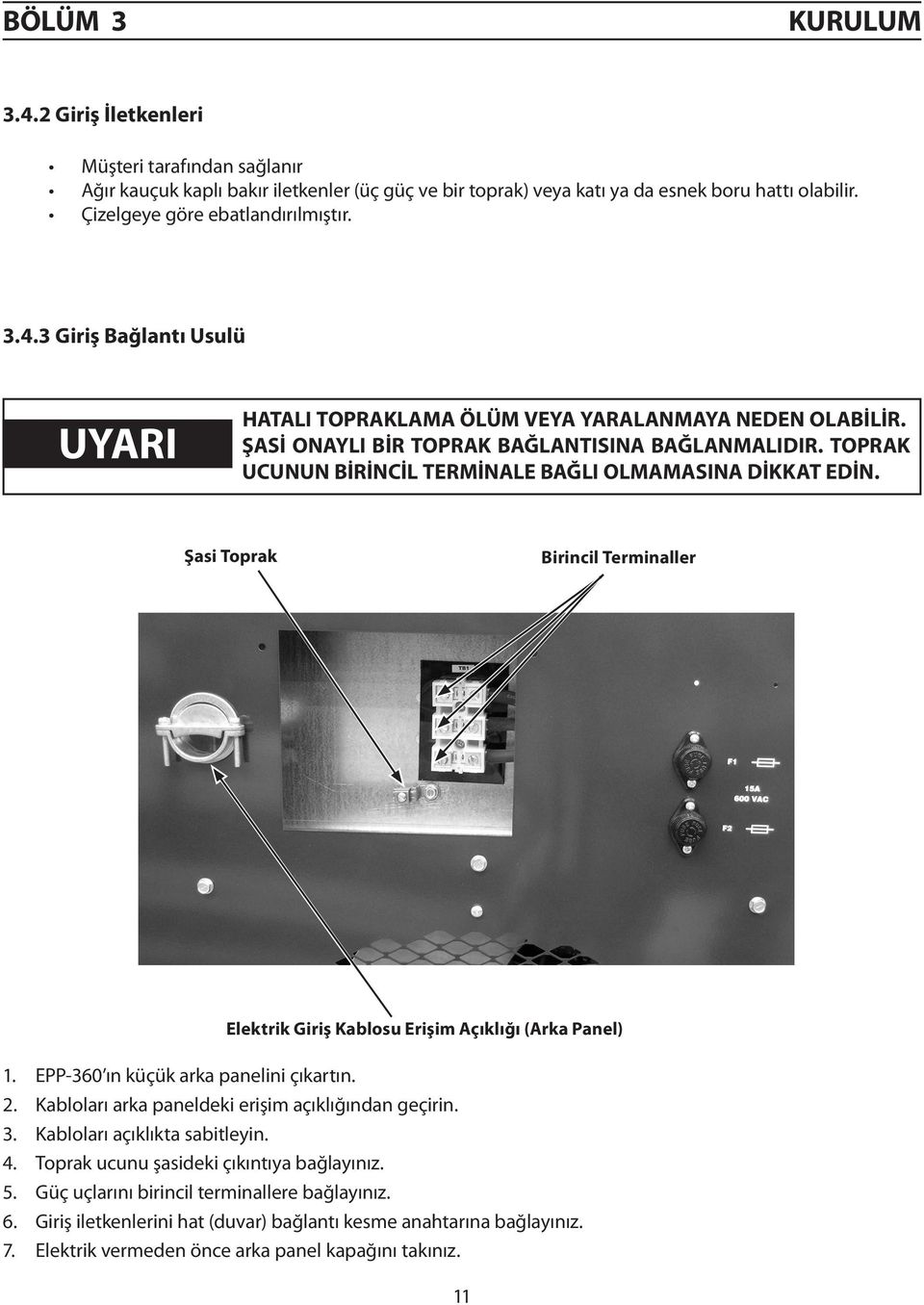 TOPRAK UCUNUN BİRİNCİL TERMİNALE BAĞLI OLMAMASINA DİKKAT EDİN. Şasi Toprak Birincil Terminaller Elektrik Giriş Kablosu Erişim Açıklığı (Arka Panel) 1. EPP-360 ın küçük arka panelini çıkartın. 2.