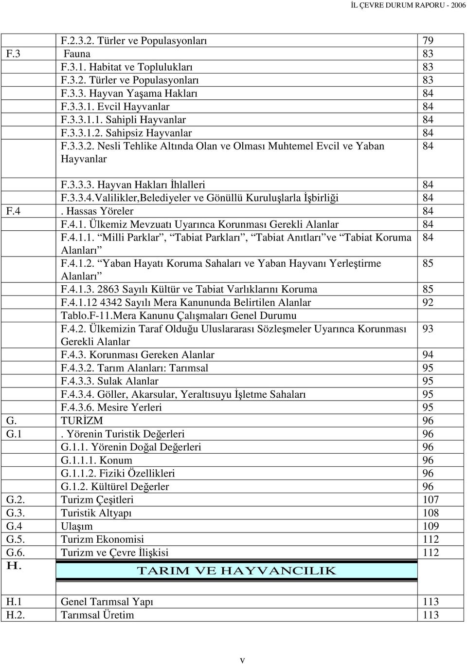 4. Hassas Yöreler 84 F.4.1. Ülkemiz Mevzuatı Uyarınca Korunması Gerekli Alanlar 84 F.4.1.1. Milli Parklar, Tabiat Parkları, Tabiat Anıtları ve Tabiat Koruma 84 Alanları F.4.1.2.