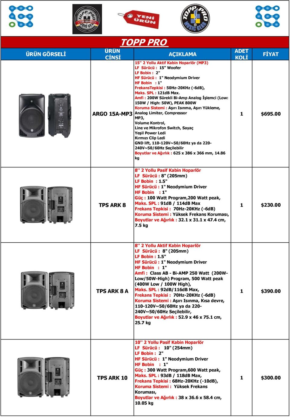 Amfi : 200W Sürekli Bi-Amp Analog İşlemci (Low: 150W / High: 50W), PEAK 800W Koruma Sistemi : Aşırı Isınma, Aşırı Yükleme, Analog Limiter, Compressor MP3, Volume Kontrol, Line ve Mikrofon Switch,