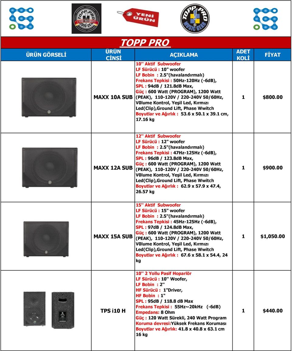 1 cm, 17.16 kg 1 $800.00 MAXX 12A SUB 12'' Aktif Subwoofer LF Sürücü : 12" woofer LF Bobin : 2.5"(havalandırmalı) Frekans Tepkisi : 47Hz-125Hz (-6dB), SPL : 96dB / 123.