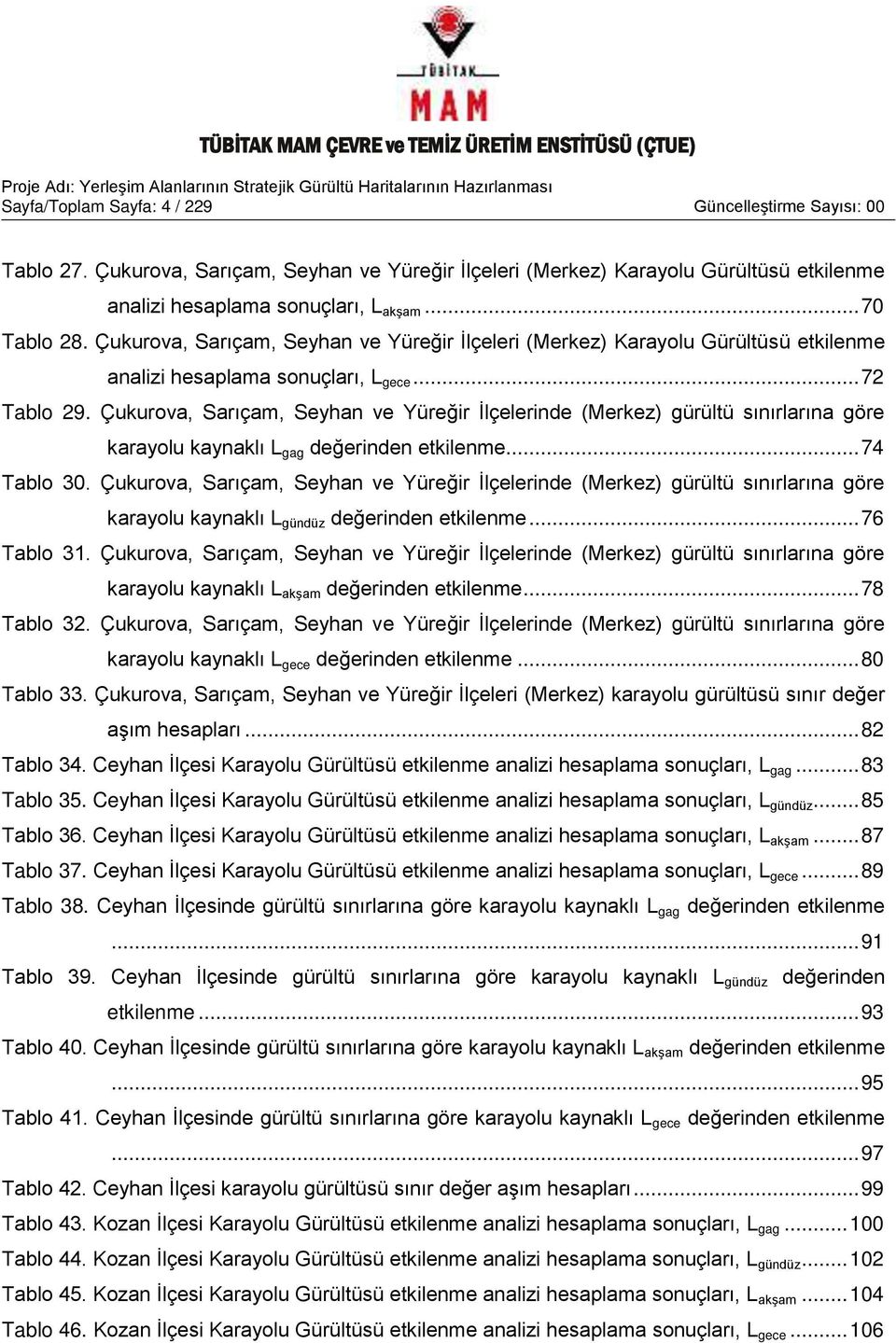 Çukurova, Sarıçam, Seyhan ve Yüreğir İlçelerinde (Merkez) gürültü sınırlarına göre karayolu kaynaklı L gag değerinden etkilenme... 74 Tablo 30.