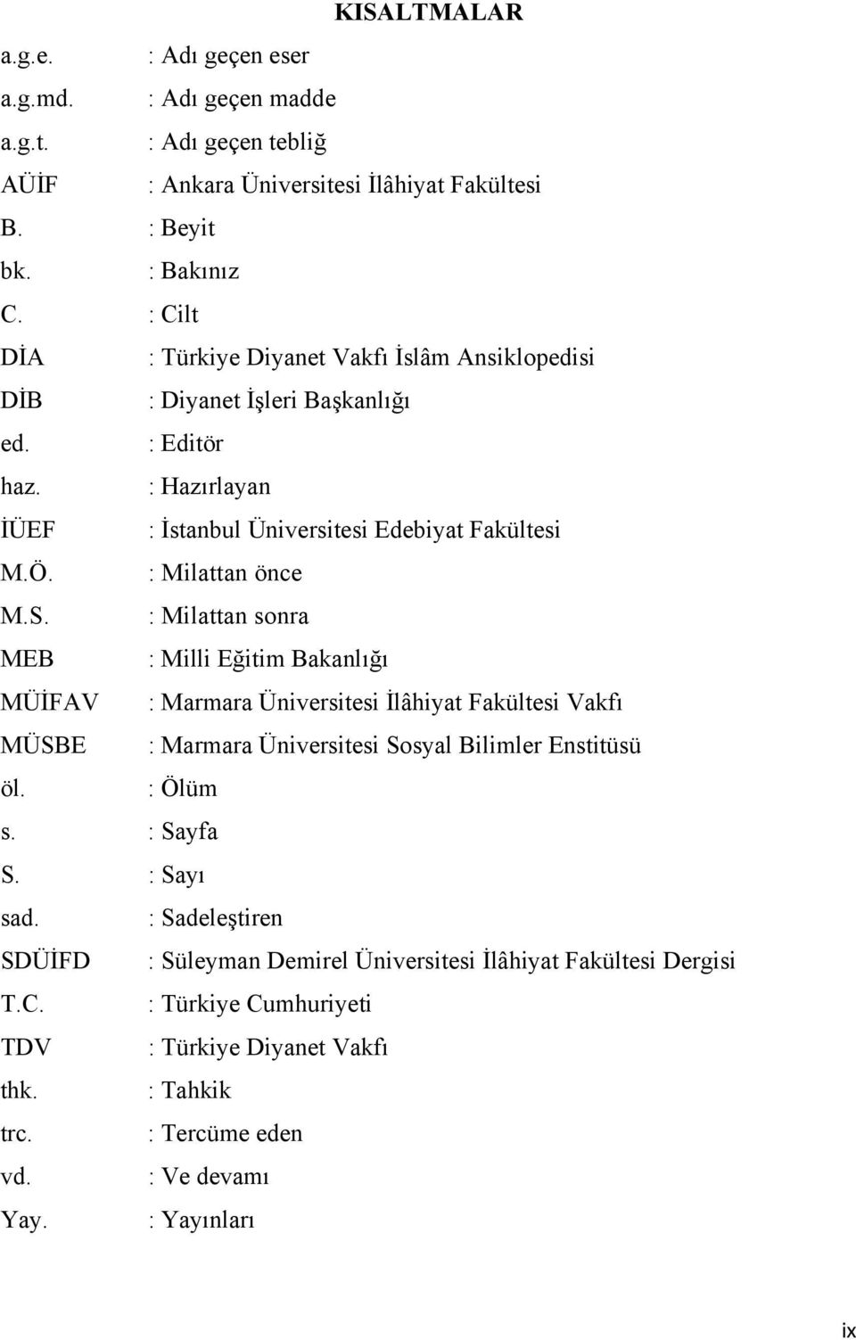 : Milattan önce M.S. : Milattan sonra MEB : Milli Eğitim Bakanlığı MÜİFAV : Marmara Üniversitesi İlâhiyat Fakültesi Vakfı MÜSBE : Marmara Üniversitesi Sosyal Bilimler Enstitüsü öl.