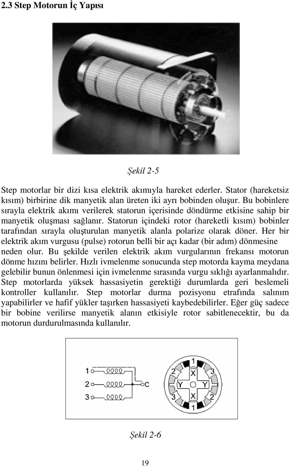 Statorun içindeki rotor (hareketli kısım) bobinler tarafından sırayla oluşturulan manyetik alanla polarize olarak döner.