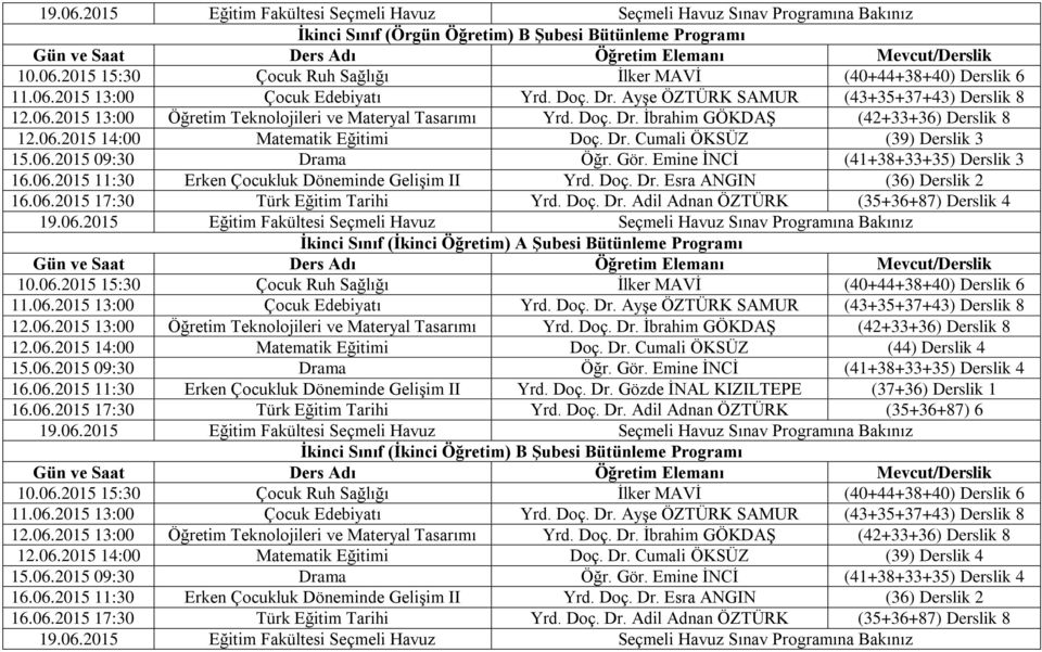 06.2015 09:30 Drama Öğr. Gör. Emine İNCİ (41+38+33+35) Derslik 3 16.06.2015 11:30 Erken Çocukluk Döneminde Gelişim II Yrd. Doç. Dr. Esra ANGIN (36) Derslik 2 16.06.2015 17:30 Türk Eğitim Tarihi Yrd.