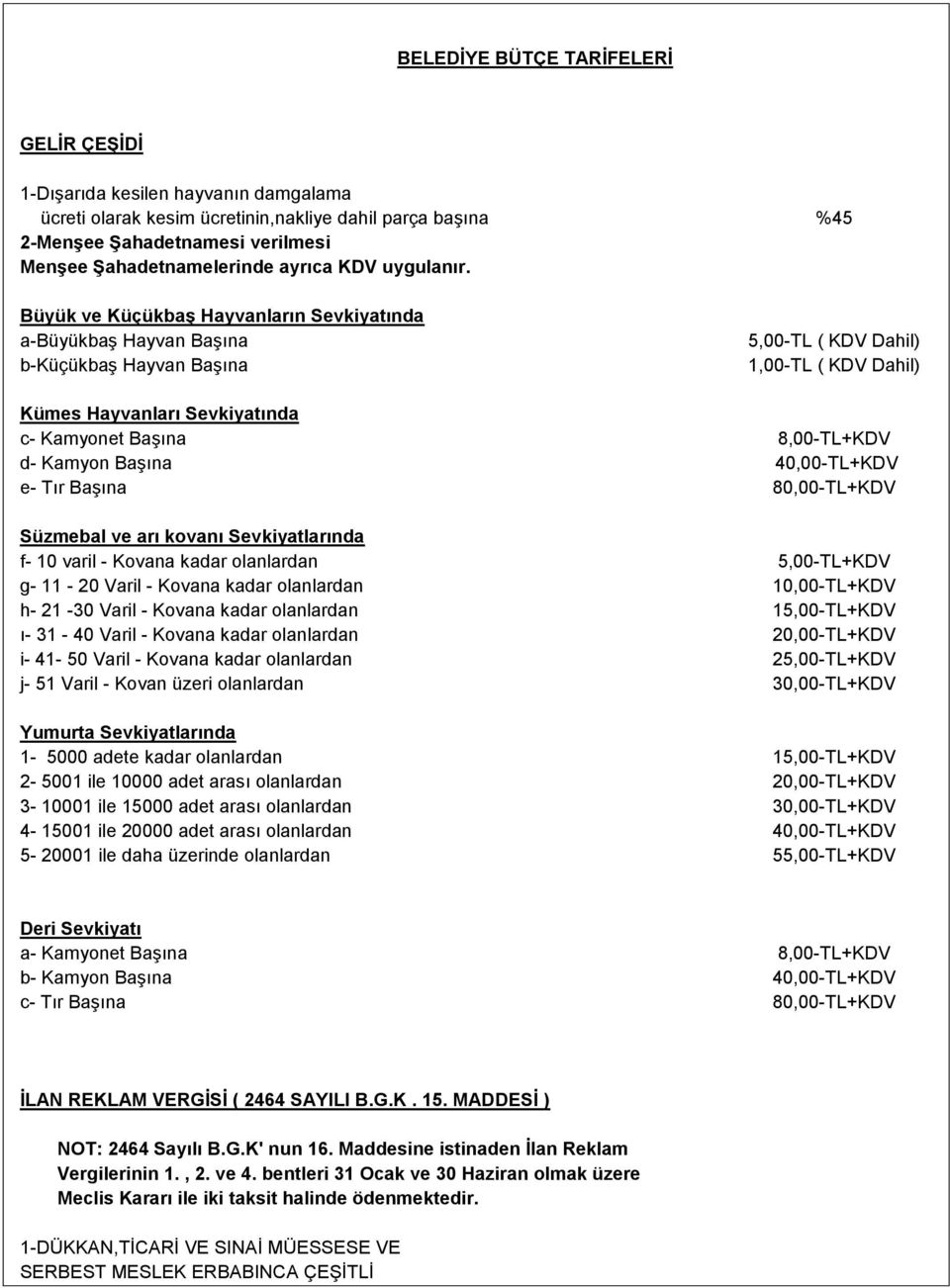 Büyük ve Küçükbaş Hayvanların Sevkiyatında a-büyükbaş Hayvan Başına b-küçükbaş Hayvan Başına 5,00-TL ( KDV Dahil) 1,00-TL ( KDV Dahil) Kümes Hayvanları Sevkiyatında c- Kamyonet Başına 8,00-TL+KDV d-