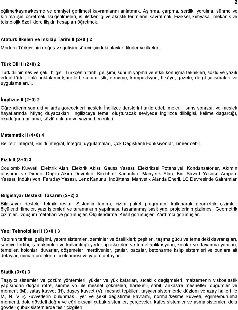 2 Atatürk İlkeleri ve İnkılâp Tarihi II (2+0 ) 2 Modern Türkiye nin doğuş ve gelişim süreci içindeki olaylar, fikirler ve ilkeler Türk Dili II (2+0) 2 Türk dilinin ses ve şekil bilgisi, Türkçenin