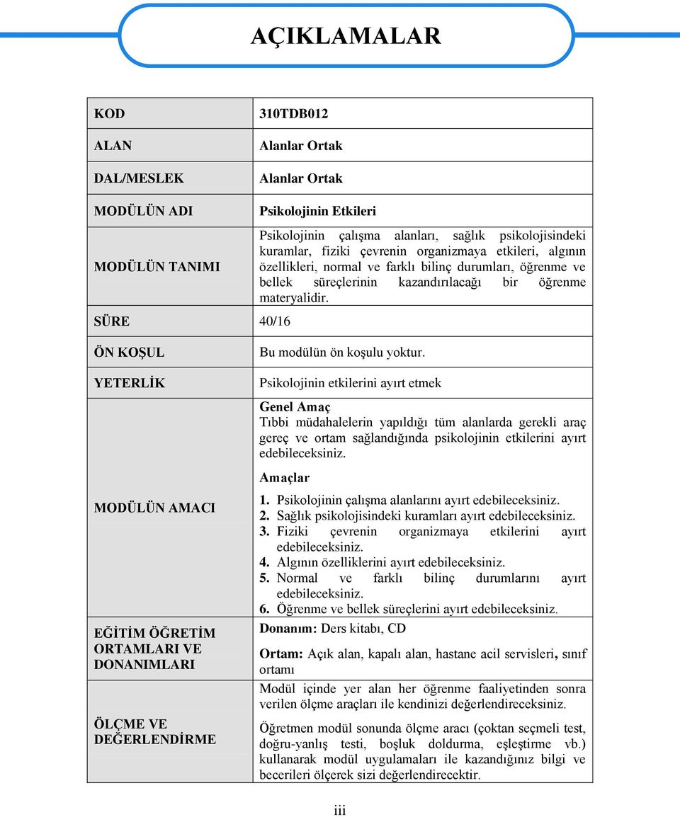 SÜRE 40/16 ÖN KOŞUL YETERLİK Bu modülün ön koşulu yoktur.