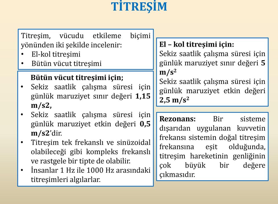 Titreşim tek frekanslı ve sinüzoidal olabileceği gibi kompleks frekanslı ve rastgele bir tipte de olabilir. İnsanlar 1 Hz ile 1000 Hz arasındaki titreşimleri algılarlar.