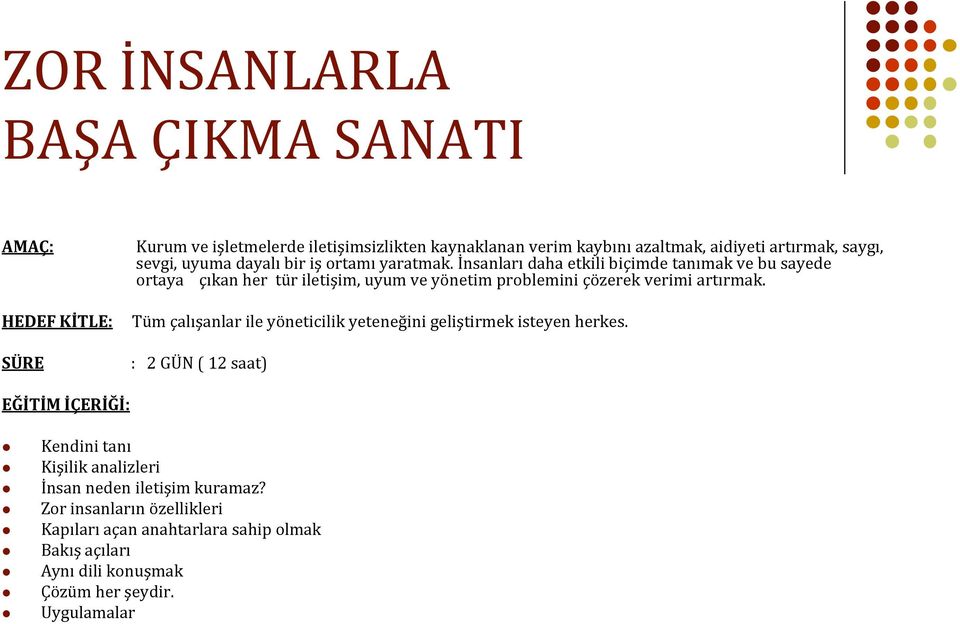 İnsanları daha etkili biçimde tanımak ve bu sayede ortaya çıkan her tür iletişim, uyum ve yönetim problemini çözerek verimi artırmak.