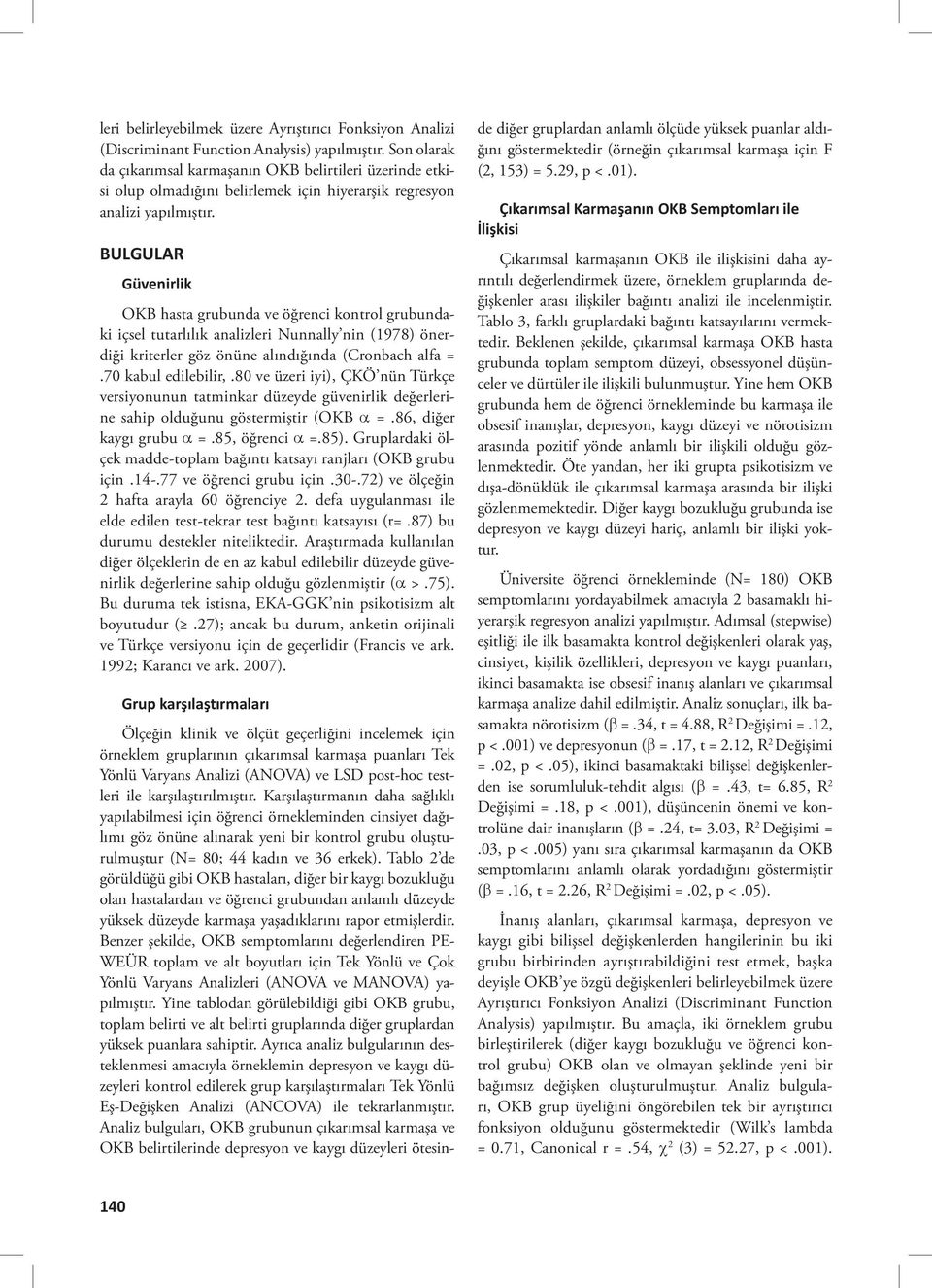 BULGULAR Güvenirlik OKB hasta grubunda ve öğrenci kontrol grubundaki içsel tutarlılık analizleri Nunnally nin (1978) önerdiği kriterler göz önüne alındığında (Cronbach alfa =.70 kabul edilebilir,.