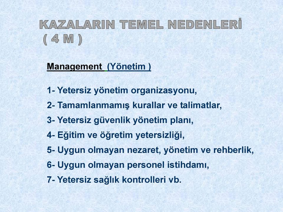 planı, 4- Eğitim ve öğretim yetersizliği, 5- Uygun olmayan nezaret,