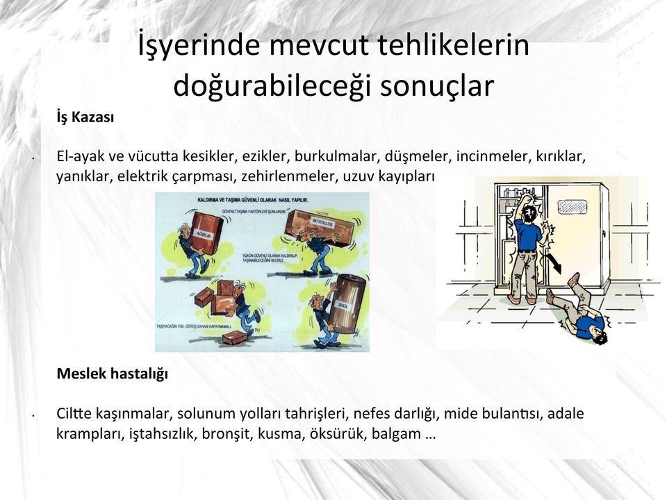 çarpması, zehirlenmeler, uzuv kayıpları Meslek hastalığı CilTe kaşınmalar, solunum