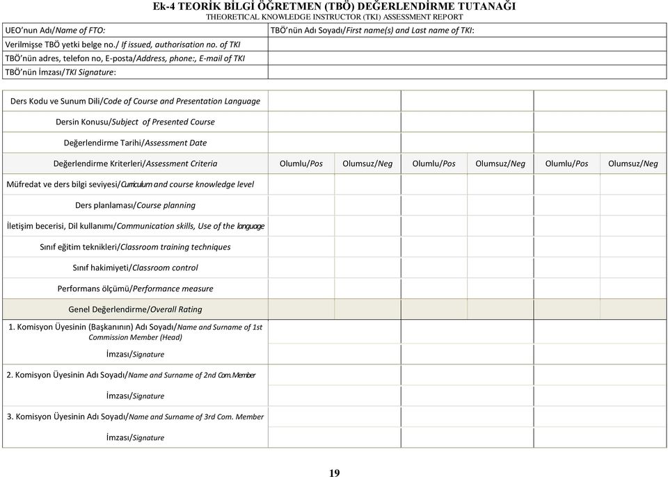 ASSESSMENT REPORT TBÖ nün Adı Soyadı/First name(s) and Last name of TKI: Ders Kodu ve Sunum Dili/Code of Course and Presentation Language Dersin Konusu/Subject of Presented Course Değerlendirme