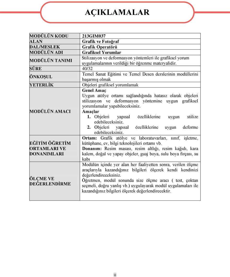 SÜRE 40/32 ÖNKOŞUL Temel Sanat Eğitimi ve Temel Desen derslerinin modüllerini başarmış olmak YETERLİK Objeleri grafiksel yorumlamak Genel Amaç Uygun atölye ortamı sağlandığında hatasız olarak