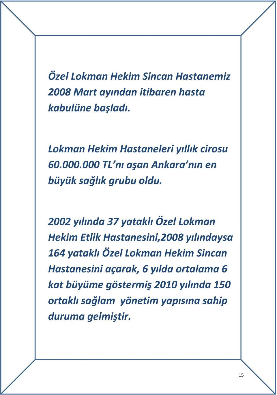 2002 yılında 37 yataklı Özel Lokman Hekim Etlik Hastanesini,2008 yılındaysa 164 yataklı Özel Lokman Hekim