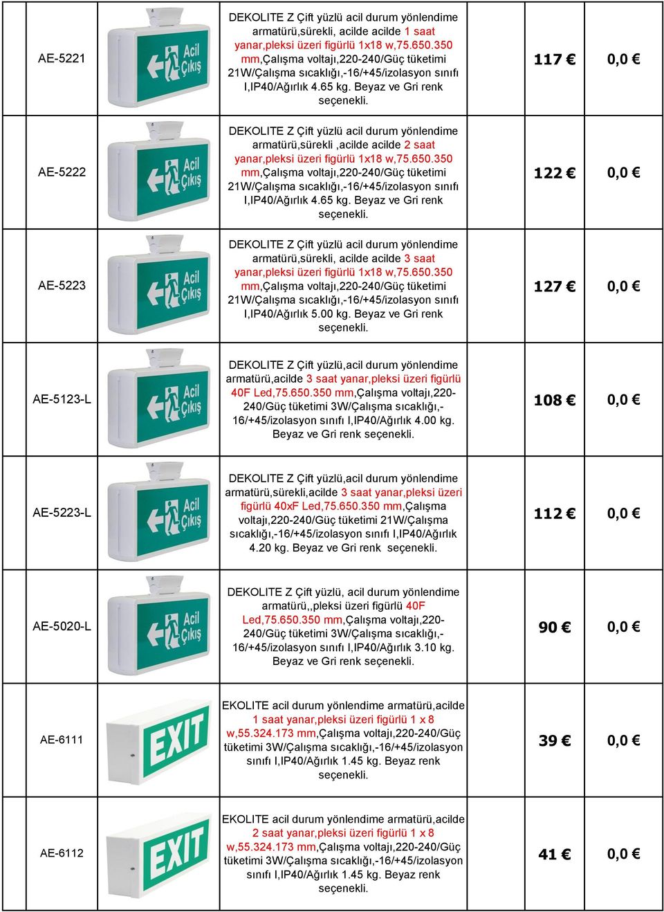 Beyaz ve Gri renk 122 0,0 AE-5223 armatürü,sürekli, acilde acilde 3 saat yanar,pleksi üzeri figürlü 1x18 w,75.650.350 21W/Çalışma sıcaklığı,-16/+45/izolasyon sınıfı I,IP40/Ağırlık 5.00 kg.