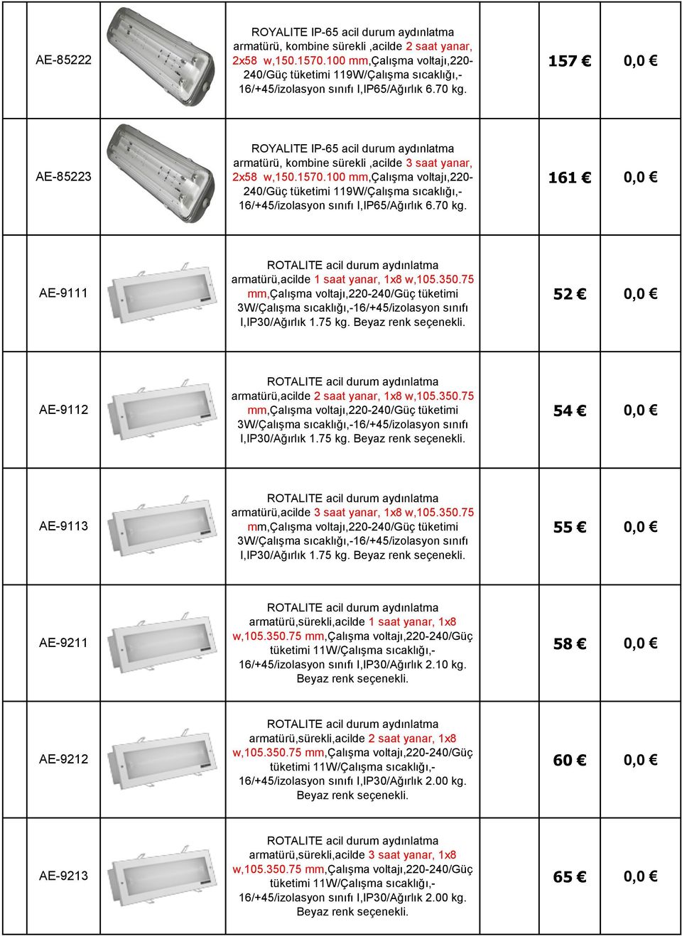 161 0,0 AE-9111 ROTALITE acil durum aydınlatma armatürü,acilde 1 saat yanar, 1x8 w,105.350.75 3W/Çalışma sıcaklığı,-16/+45/izolasyon sınıfı I,IP30/Ağırlık 1.75 kg.