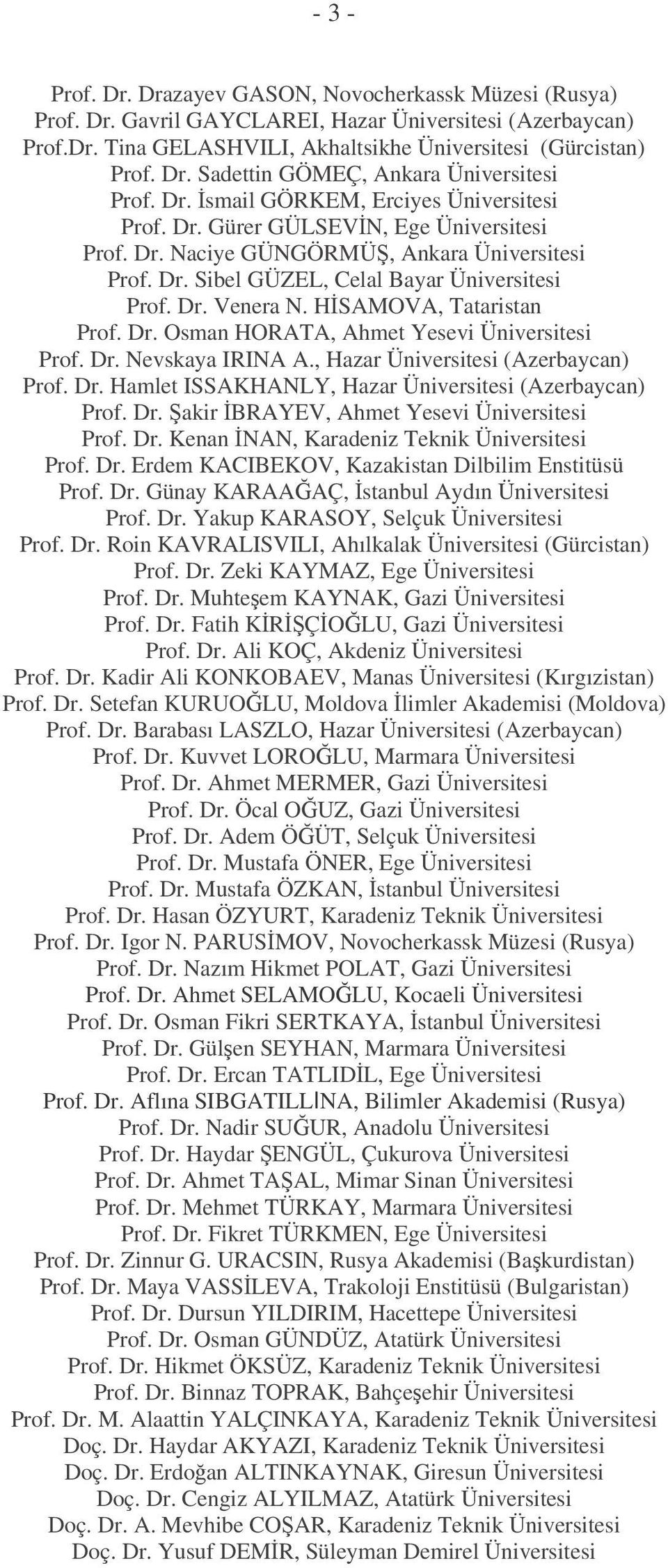 HSAMOVA, Tataristan Prof. Dr. Osman HORATA, Ahmet Yesevi Üniversitesi Prof. Dr. Nevskaya IRINA A., Hazar Üniversitesi (Azerbaycan) Prof. Dr. Hamlet ISSAKHANLY, Hazar Üniversitesi (Azerbaycan) Prof.