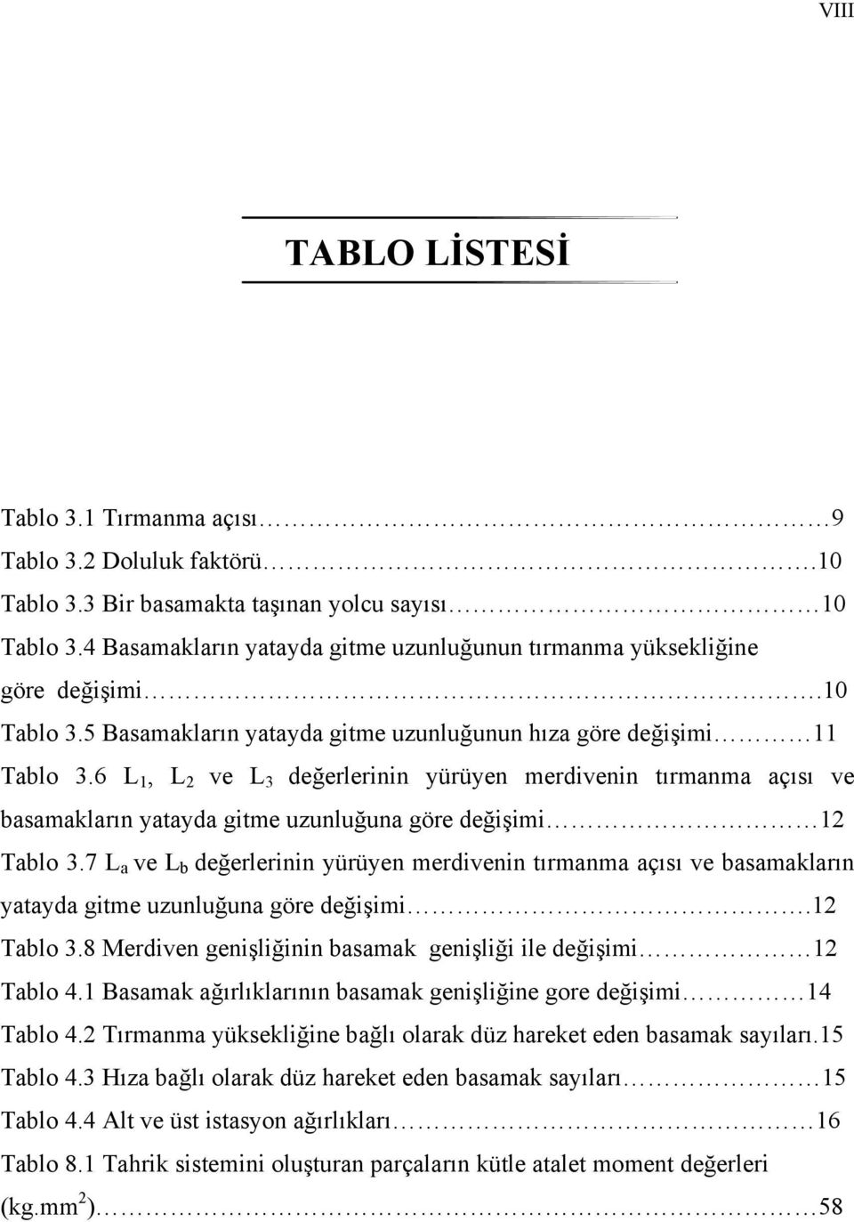 6 1, ve 3 değerlerinin yürüyen merdivenin tırmanma açısı ve basamakların yatayda gitme uzunluğuna göre değişimi 1 Tablo 3.