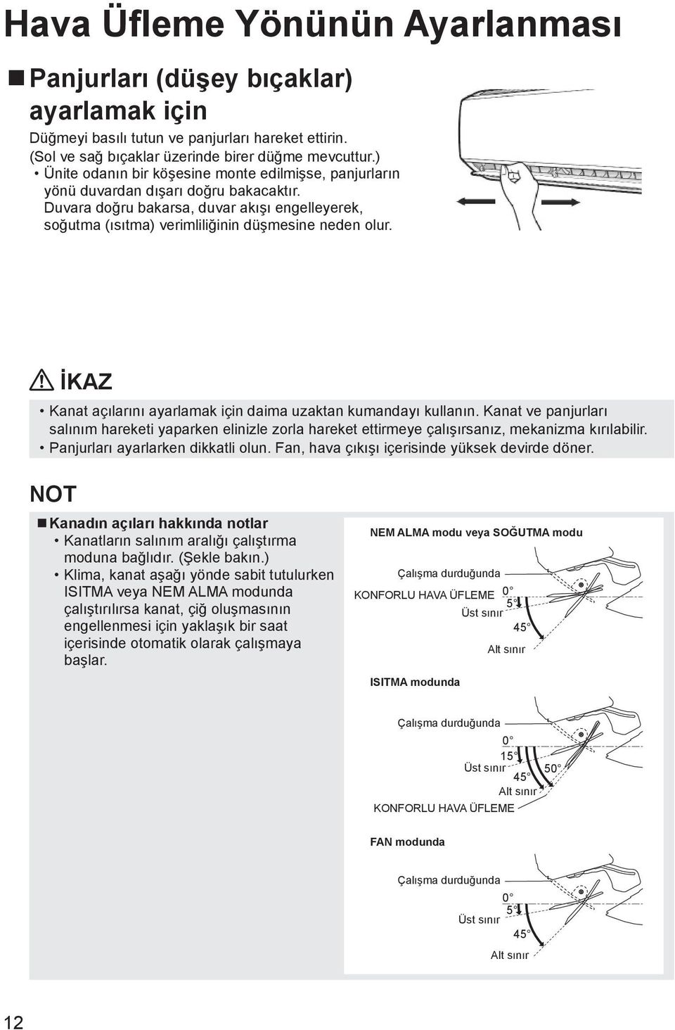 İKAZ Kanat açılarını ayarlamak için daima uzaktan kumandayı kullanın. Kanat ve panjurları salınım hareketi yaparken elinizle zorla hareket ettirmeye çalışırsanız, mekanizma kırılabilir.