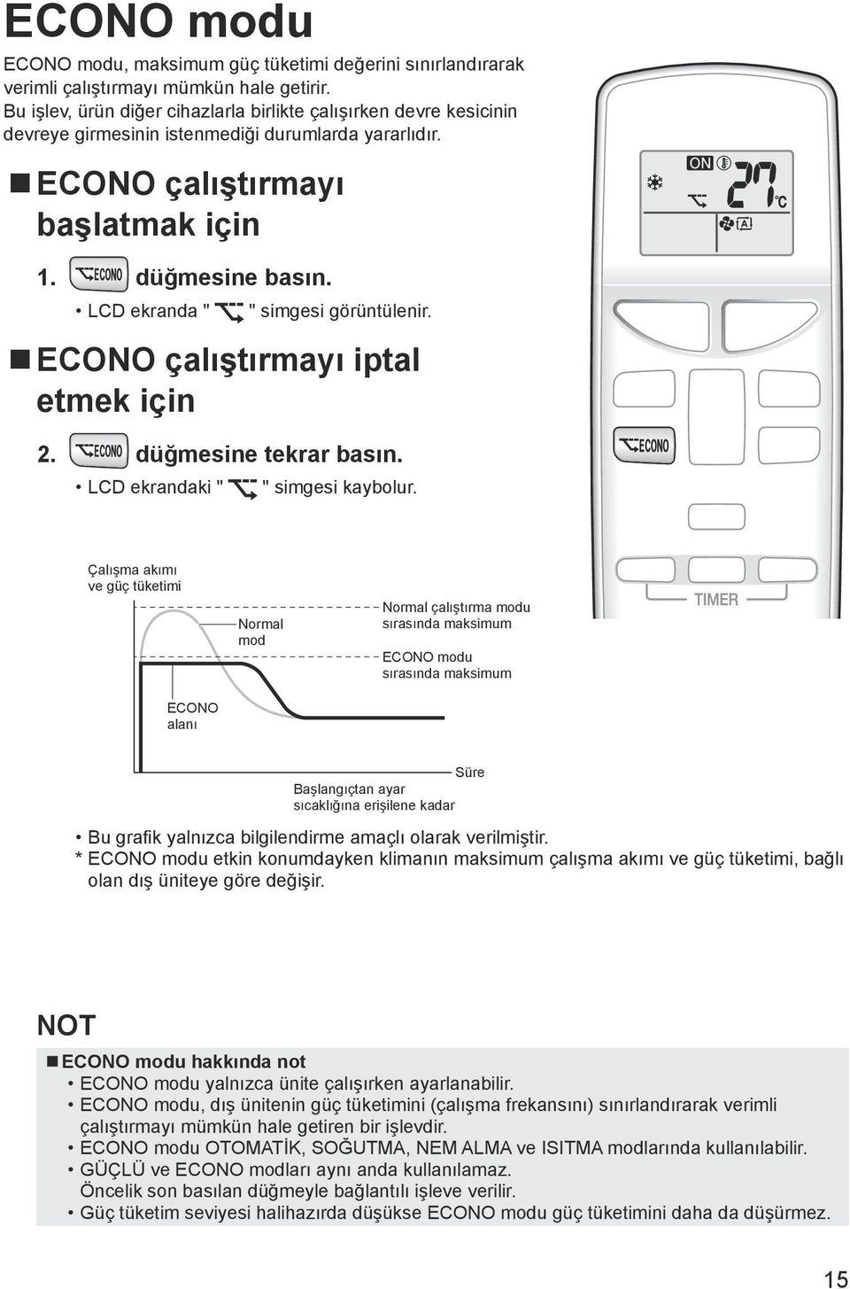 LCD ekranda " " simgesi görüntülenir. ECONO çalıştırmayı iptal etmek için 2. düğmesine tekrar basın. LCD ekrandaki " " simgesi kaybolur.