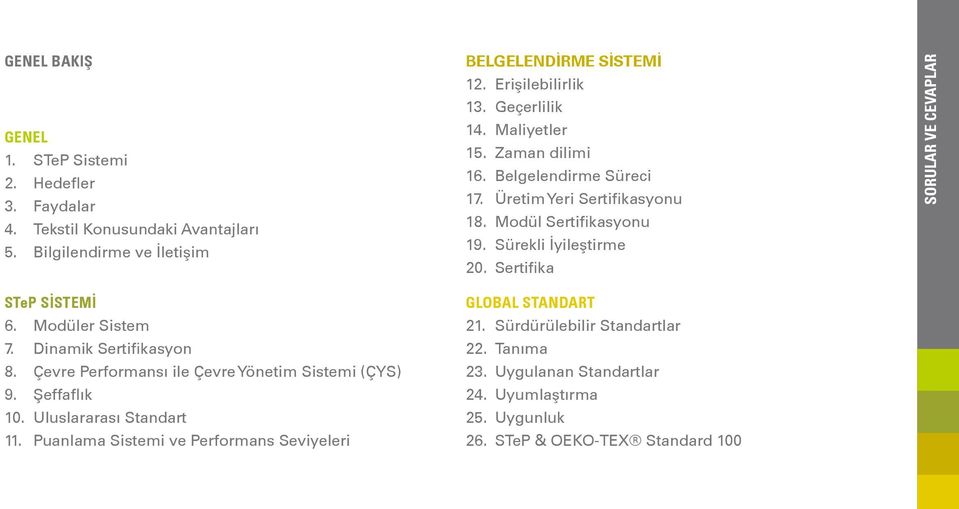 Sertifika SORULAR VE CEVAPLAR STeP SİSTEMİ 6. Modüler Sistem 7. Dinamik Sertifikasyon 8. Çevre Performansı ile Çevre Yönetim Sistemi (ÇYS) 9. Şeffaflık 10.