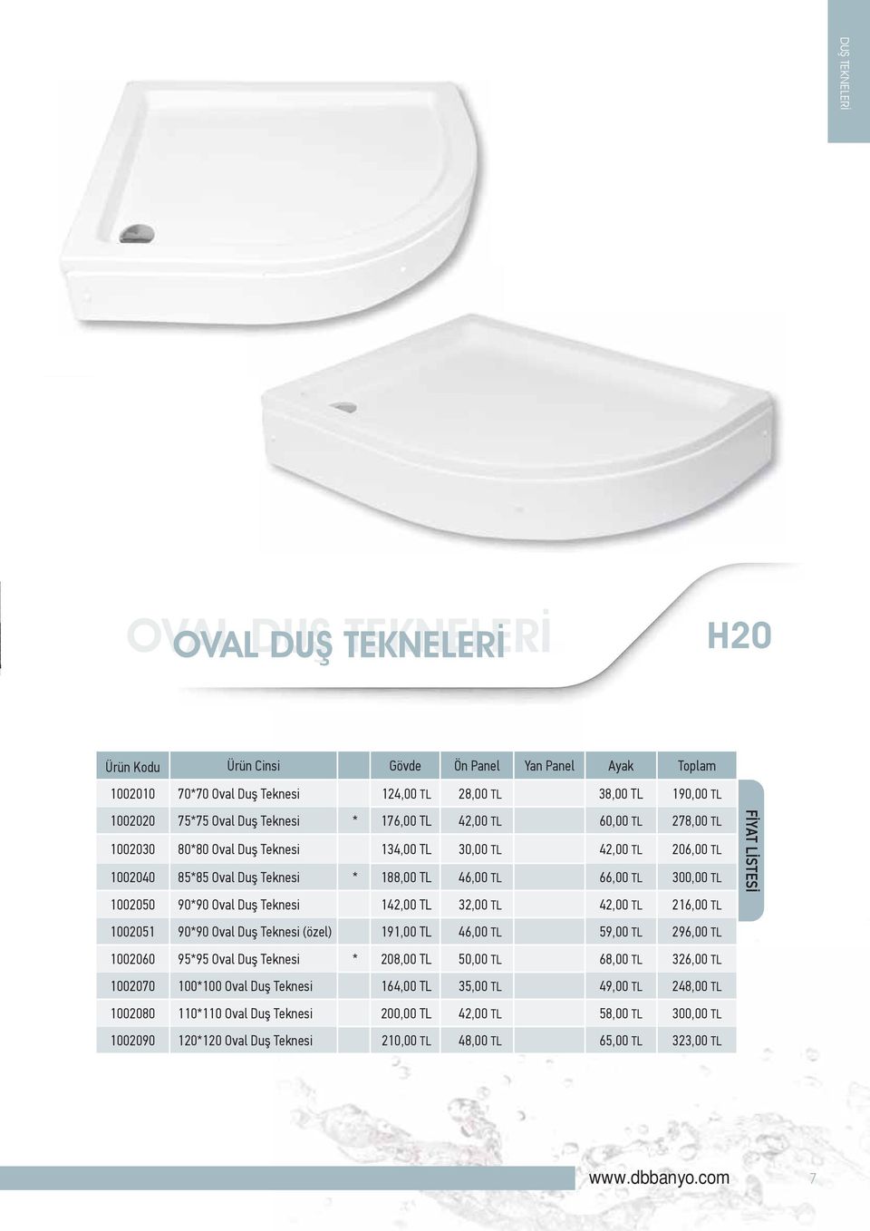 1002050 90*90 Oval Duş Teknesi 142,00 TL 32,00 TL 42,00 TL 216,00 TL FİYAT LİSTESİ 1002051 90*90 Oval Duş Teknesi (özel) 191,00 TL 46,00 TL 59,00 TL 296,00 TL 1002060 95*95 Oval Duş Teknesi * 208,00