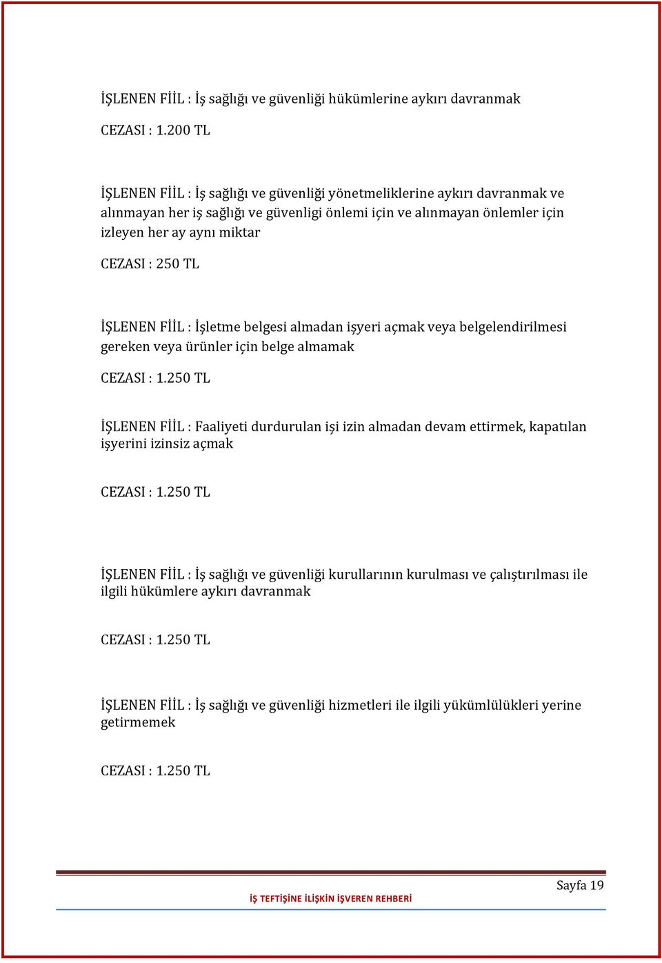 TL İŞLENEN FİİL : İşletme belgesi almadan işyeri açmak veya belgelendirilmesi gereken veya ürünler için belge almamak CEZASI : 1.