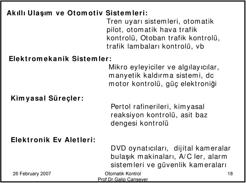 sistemi, dc motor kontrolü, güç elektroniği Kimyasal Süreçler: Pertol rafinerileri, kimyasal reaksiyon kontrolü, asit baz