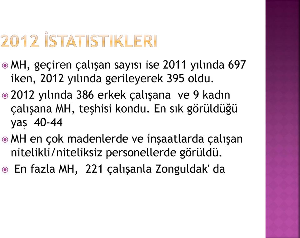 2012 yılında 386 erkek çalışana ve 9 kadın çalışana MH, teşhisi kondu.