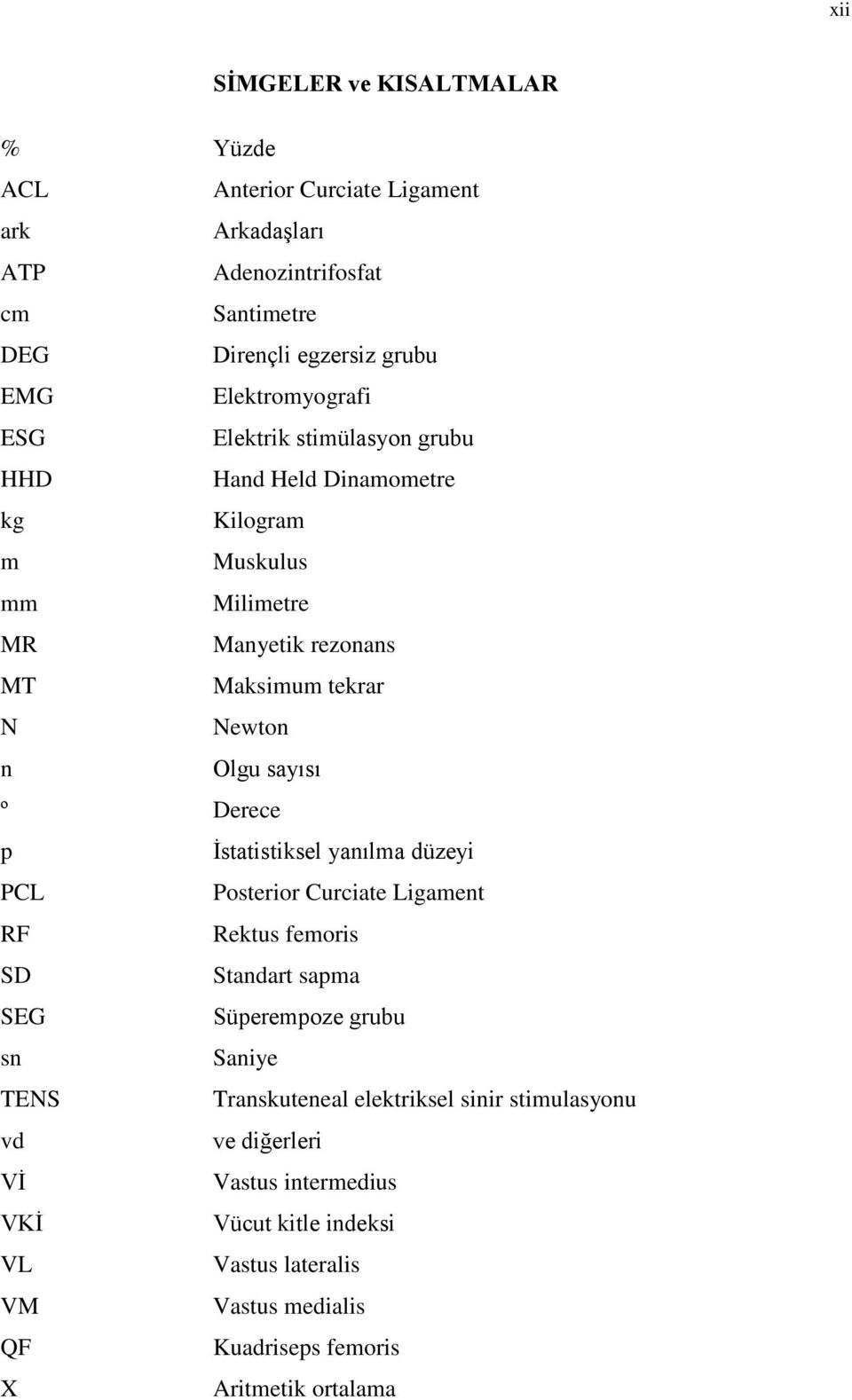 Olgu sayısı º Derece p İstatistiksel yanılma düzeyi PCL Posterior Curciate Ligament RF Rektus femoris SD Standart sapma SEG Süperempoze grubu sn Saniye TENS