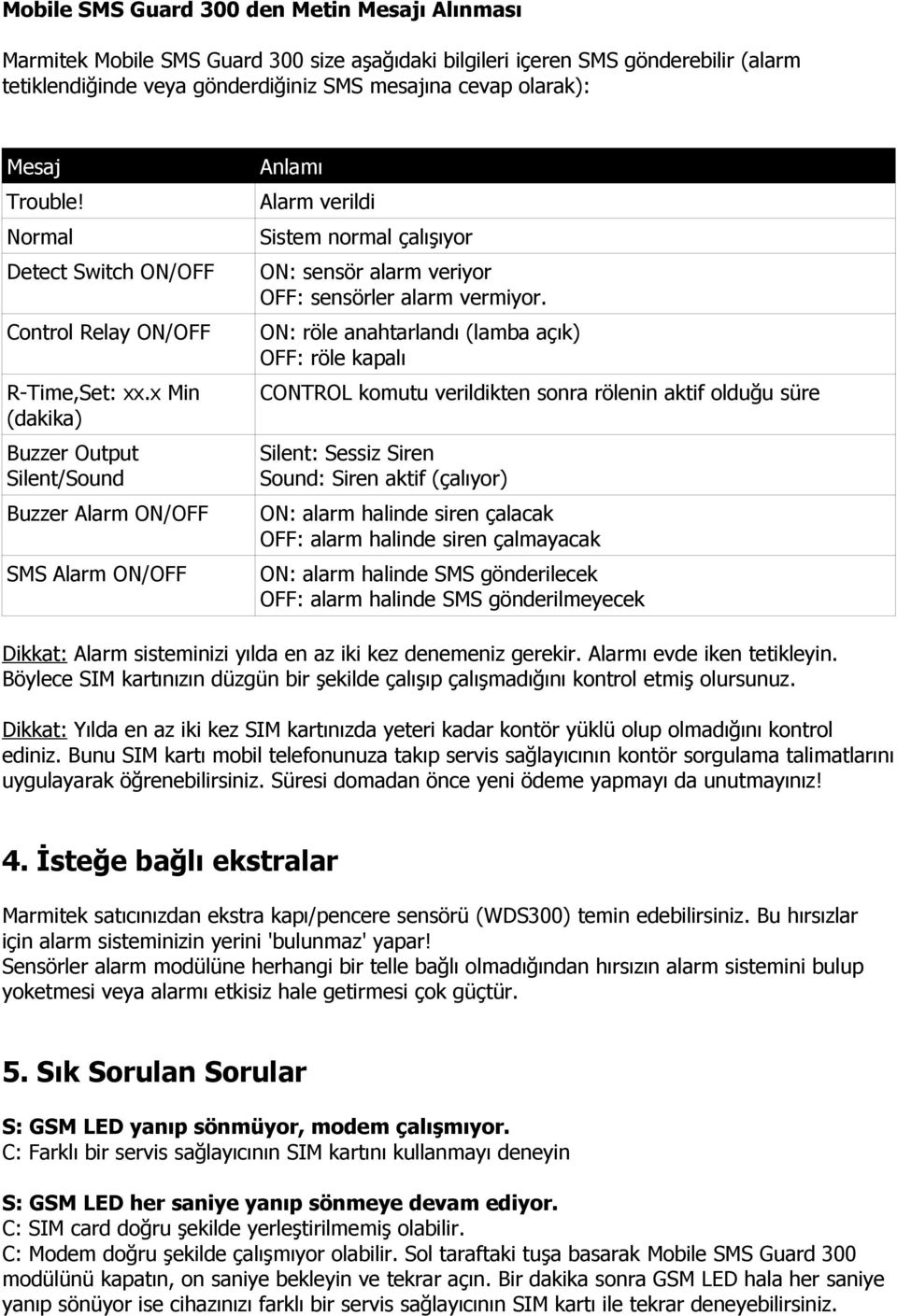 x Min (dakika) Buzzer Output Silent/Sound Buzzer Alarm ON/OFF SMS Alarm ON/OFF Anlamı Alarm verildi Sistem normal çalışıyor ON: sensör alarm veriyor OFF: sensörler alarm vermiyor.