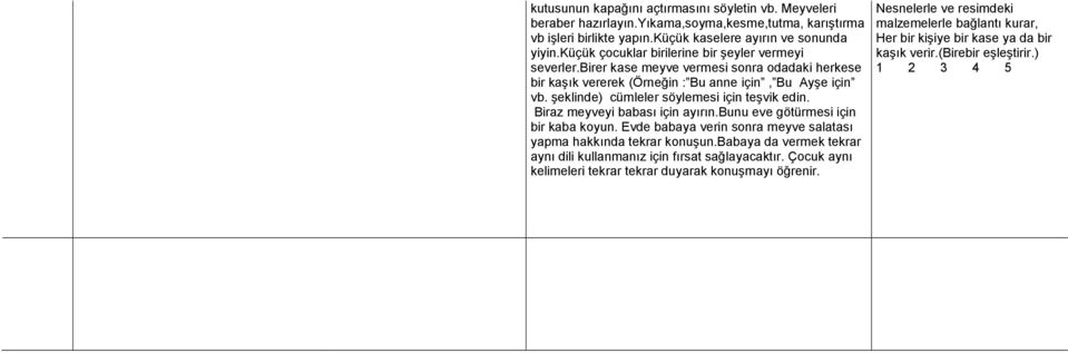 şeklinde) cümleler söylemesi için teşvik edin. Biraz meyveyi babası için ayırın.bunu eve götürmesi için bir kaba koyun. Evde babaya verin sonra meyve salatası yapma hakkında tekrar konuşun.