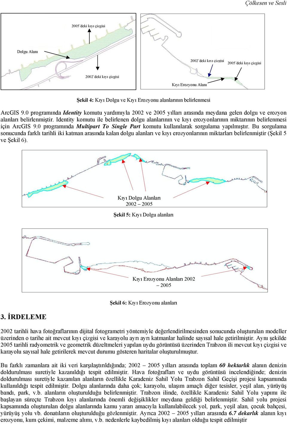 Identity komutu ile belirlenen dolgu alanlarının ve kıyı erozyonlarının miktarının belirlenmesi için ArcGIS 9.0 programında Multipart To Single Part komutu kullanılarak sorgulama yapılmıştır.