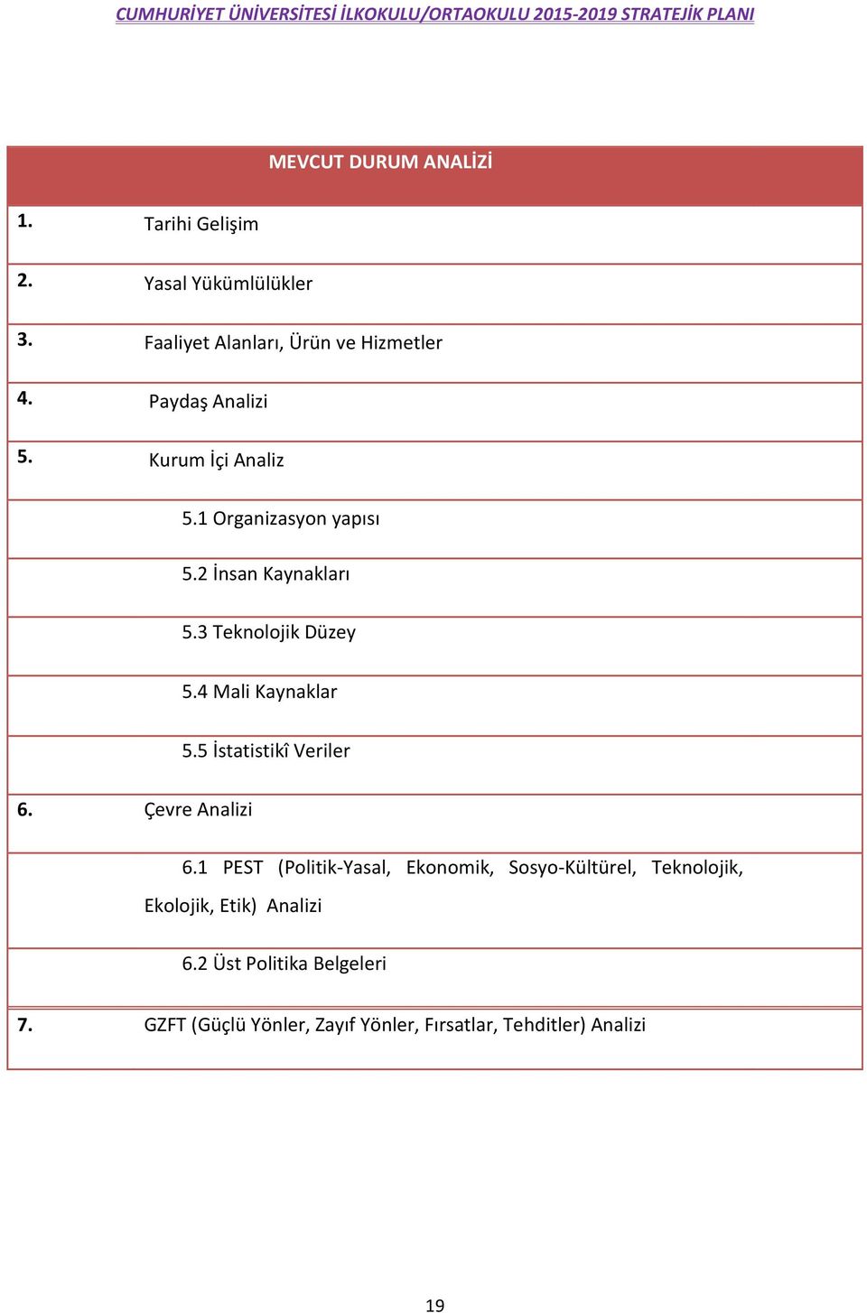 4 Mali Kaynaklar 5.5 İstatistikî Veriler 6. Çevre Analizi 6.