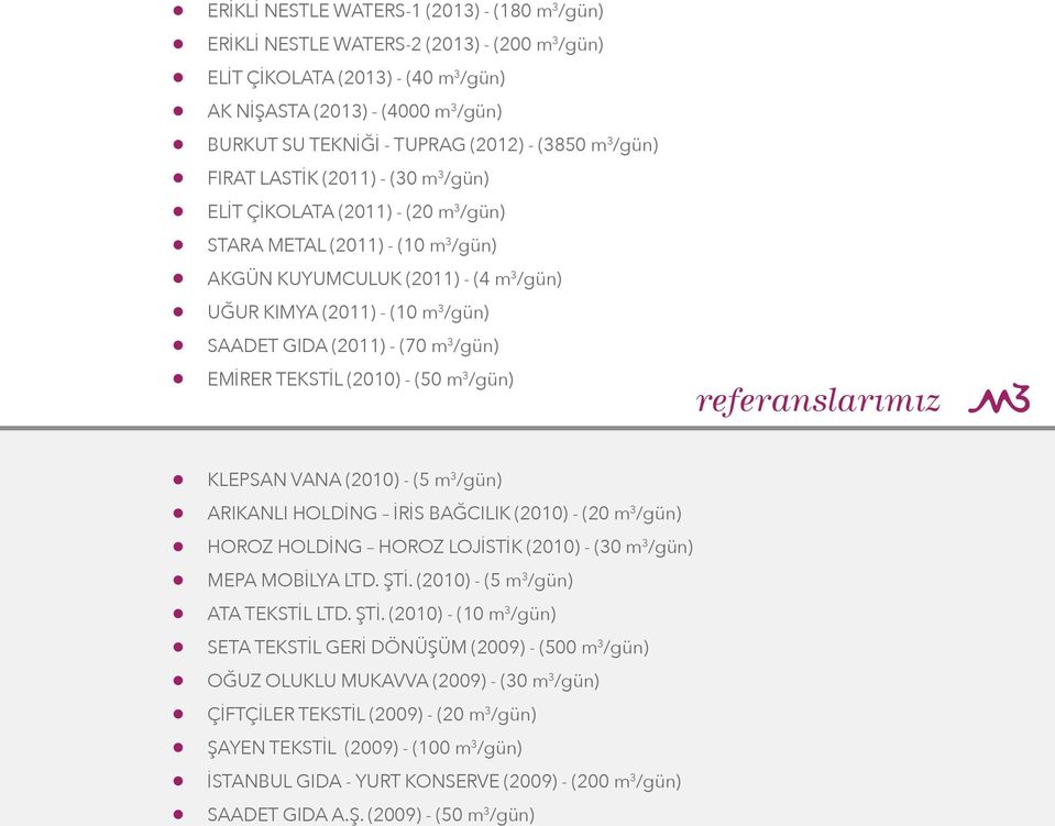 /gün) SAADET GIDA (2011) - (70 m 3 /gün) EMİRER TEKSTİL (2010) - (50 m 3 /gün) referanslarımız KLEPSAN VANA (2010) - (5 m 3 /gün) ARIKANLI HOLDİNG İRİS BAĞCILIK (2010) - (20 m 3 /gün) HOROZ HOLDİNG