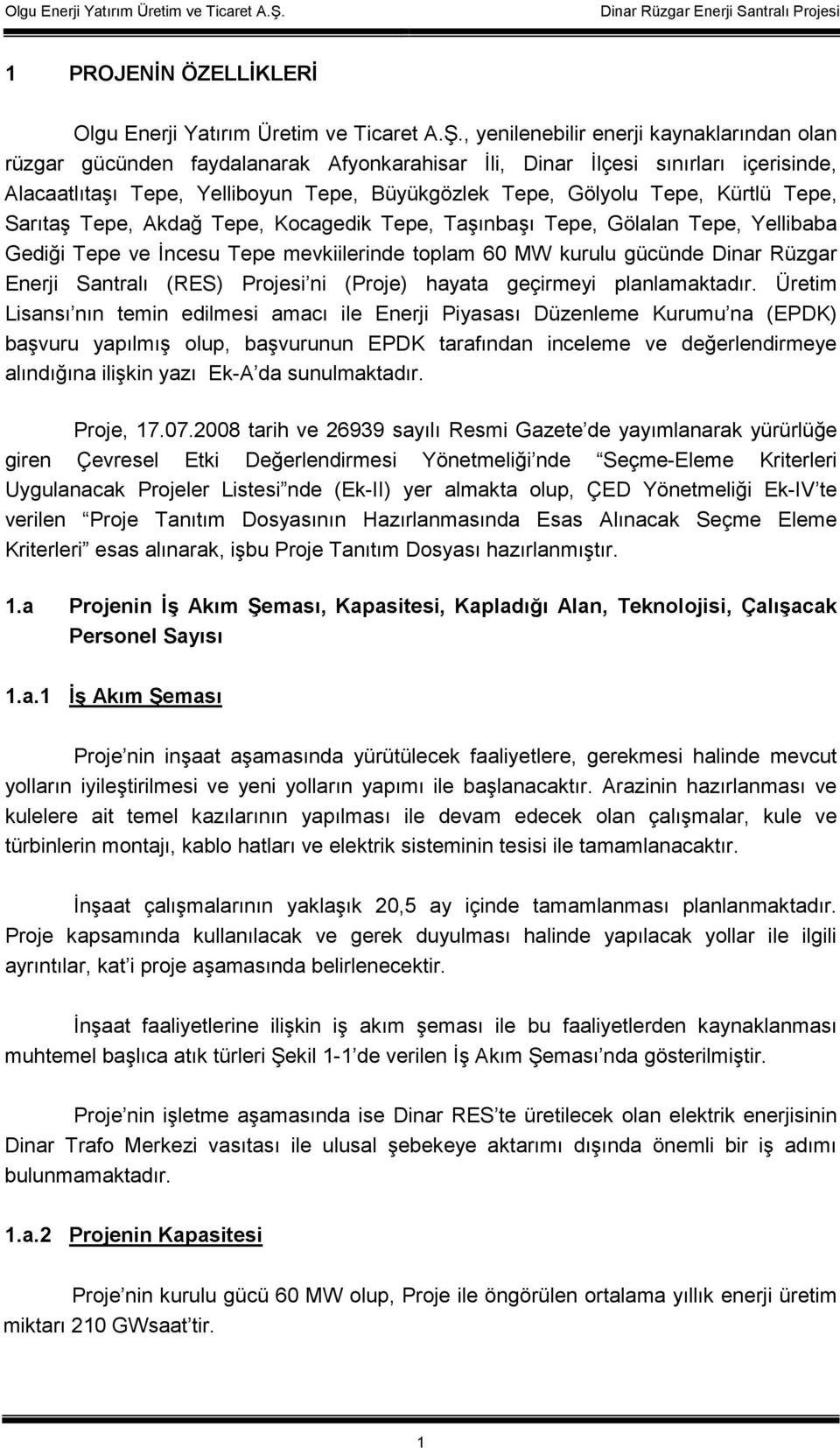 Kürtlü Tepe, Sarıtaş Tepe, Akdağ Tepe, Kocagedik Tepe, Taşınbaşı Tepe, Gölalan Tepe, Yellibaba Gediği Tepe ve Đncesu Tepe mevkiilerinde toplam 60 MW kurulu gücünde Dinar Rüzgar Enerji Santralı (RES)