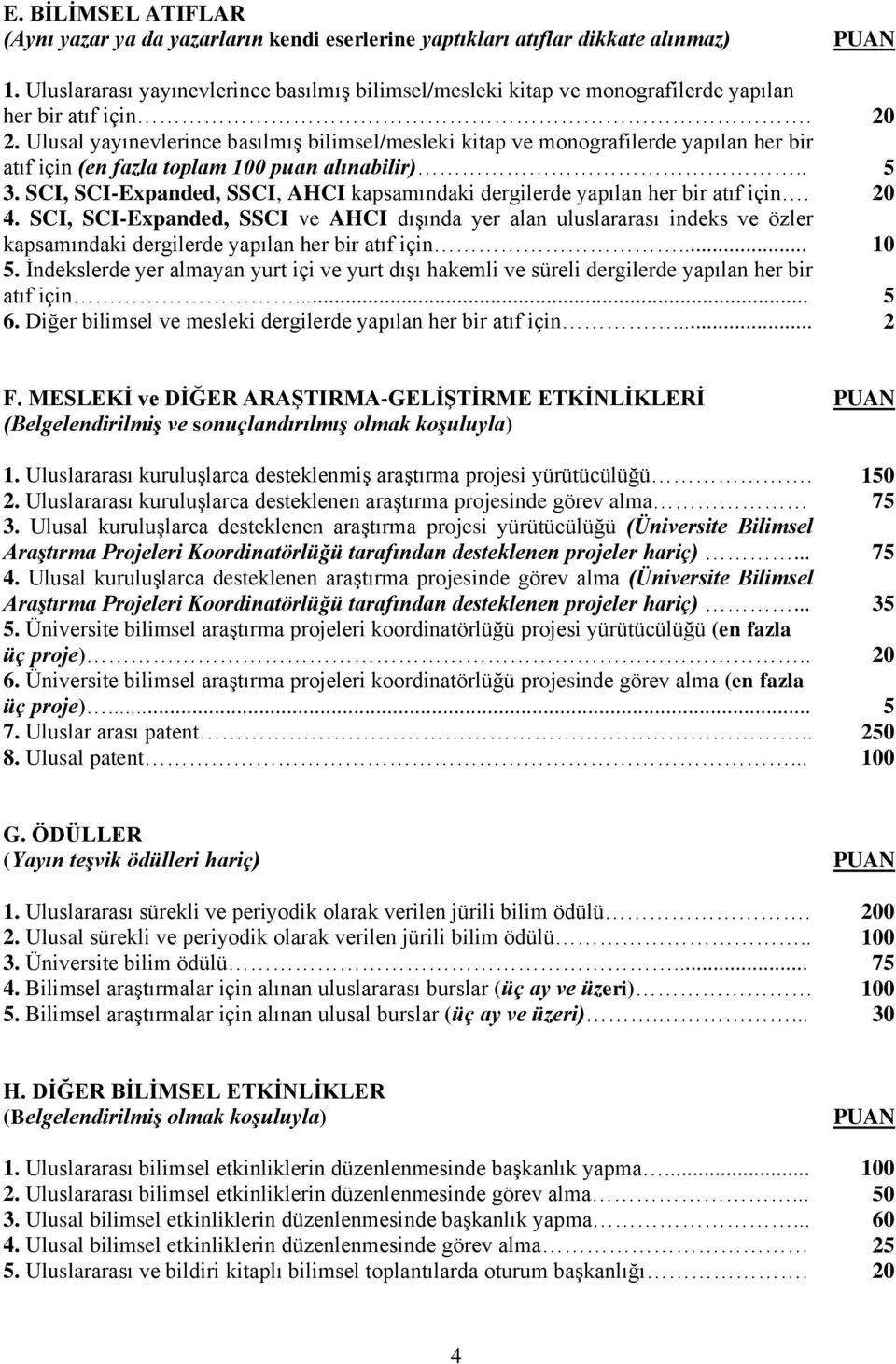 Ulusal yayınevlerince basılmış bilimsel/mesleki kitap ve monografilerde yapılan her bir atıf için (en fazla toplam 100 puan alınabilir).. 5 3.