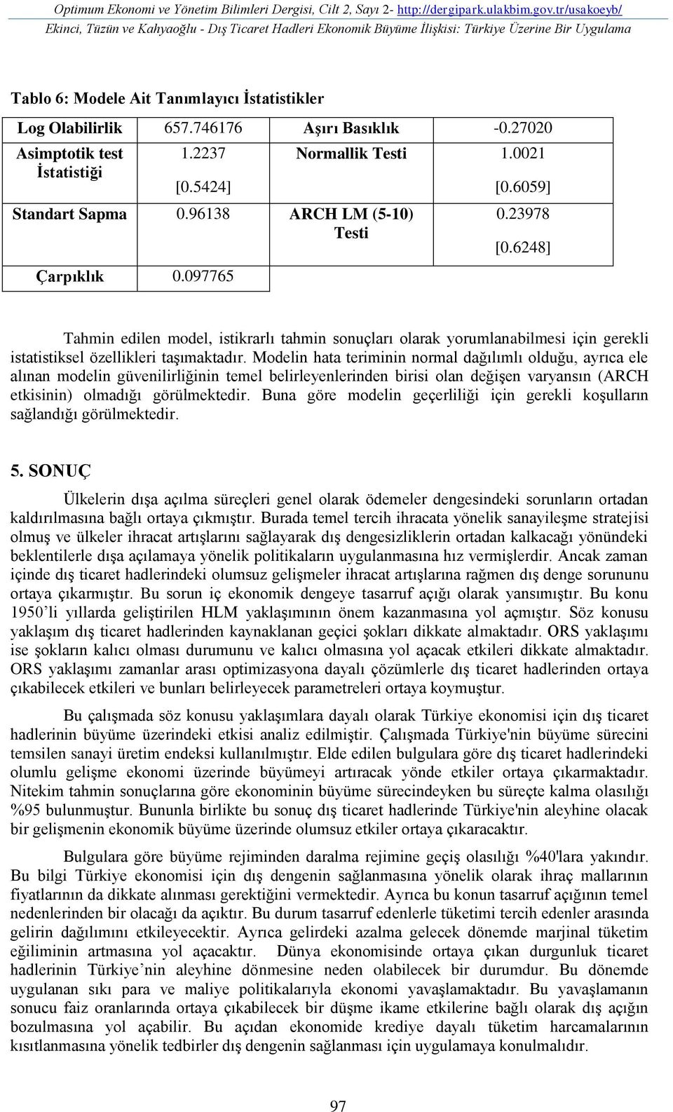 746176 Aşırı Basıklık -0.27020 Asimptotik test İstatistiği 1.2237 [0.5424] Standart Sapma 0.96138 ARCH LM (5-10) Testi Çarpıklık 0.097765 Normallik Testi 1.0021 [0.6059] 0.23978 [0.