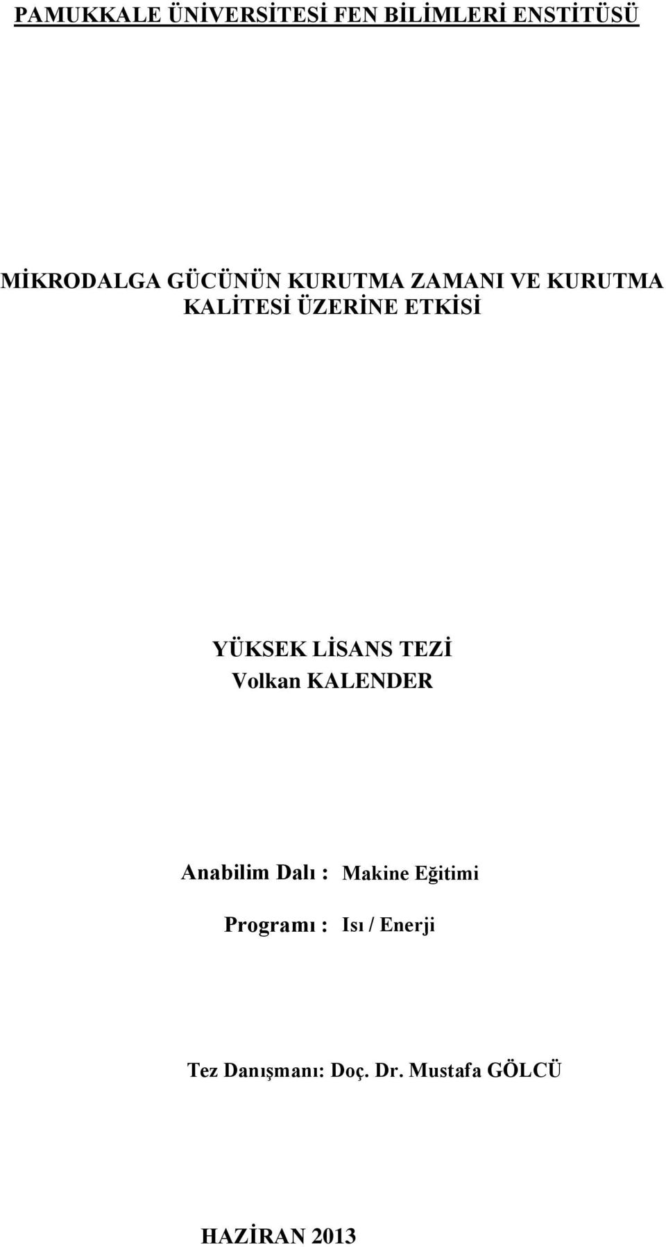 YÜKSEK LİSANS TEZİ Volkan KALENDER Anabilim Dalı : Makine