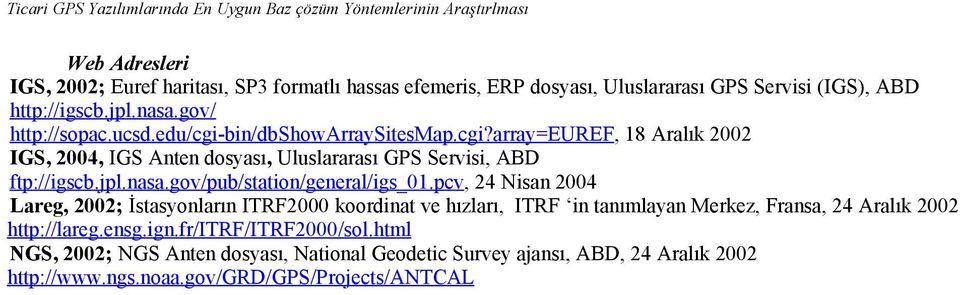 jpl.nasa.gov/pub/station/general/igs_01.pcv, 24 Nisan 2004 Lareg, 2002; İstasyonların ITRF2000 koordinat ve hızları, ITRF in tanımlayan Merkez, Fransa, 24 Aralık 2002 http://lareg.