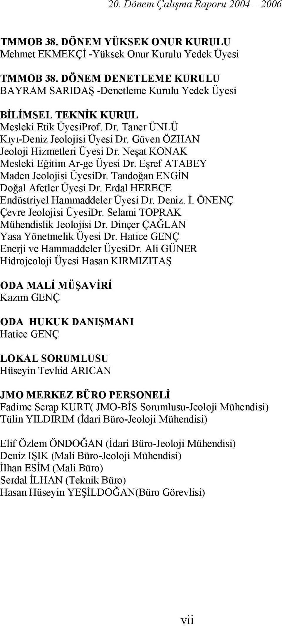 Erdal HERECE Endüstriyel Hammaddeler si Dr. Deniz. İ. ÖNENÇ Çevre Jeolojisi si Dr. Selami TOPRAK Mühendislik Jeolojisi Dr. Dinçer ÇAĞLAN Yasa Yönetmelik si Dr. Hatice GENÇ Enerji ve Hammaddeler sidr.