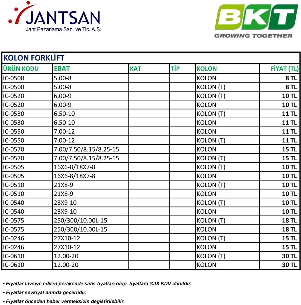 25-15 KOLON 15 TL IC-0570 7.00/7.50/8.15/8.