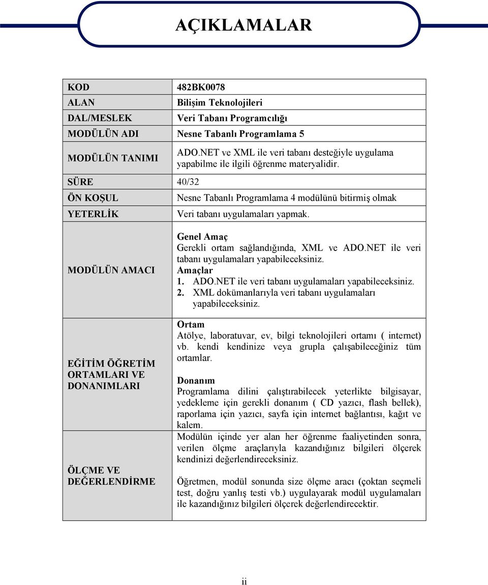 MODÜLÜN AMACI EĞİTİM ÖĞRETİM ORTAMLARI VE DONANIMLARI ÖLÇME VE DEĞERLENDİRME Genel Amaç Gerekli ortam sağlandığında, XML ve ADO.NET ile veri tabanı uygulamaları yapabileceksiniz. Amaçlar 1. ADO.NET ile veri tabanı uygulamaları yapabileceksiniz. 2.