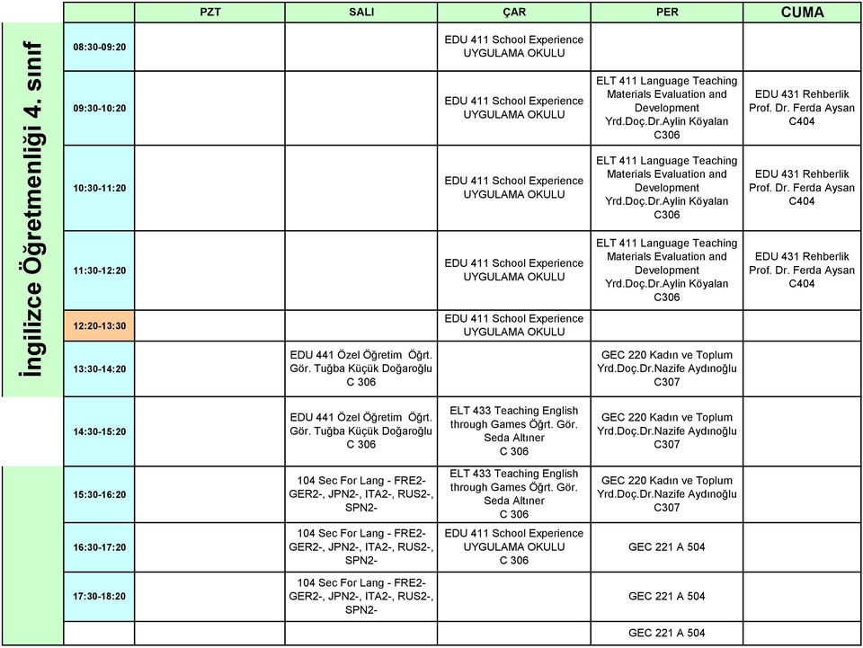 Ferda Aysan EDU 441 Özel Öğretim Öğrt. Gör. Tuğba Küçük Doğaroğlu GE 220 Kadın ve Toplum Yrd.Doç.Dr.Nazife Aydınoğlu EDU 441 Özel Öğretim Öğrt. Gör. Tuğba Küçük Doğaroğlu ELT 433 Teaching English through Games Öğrt.