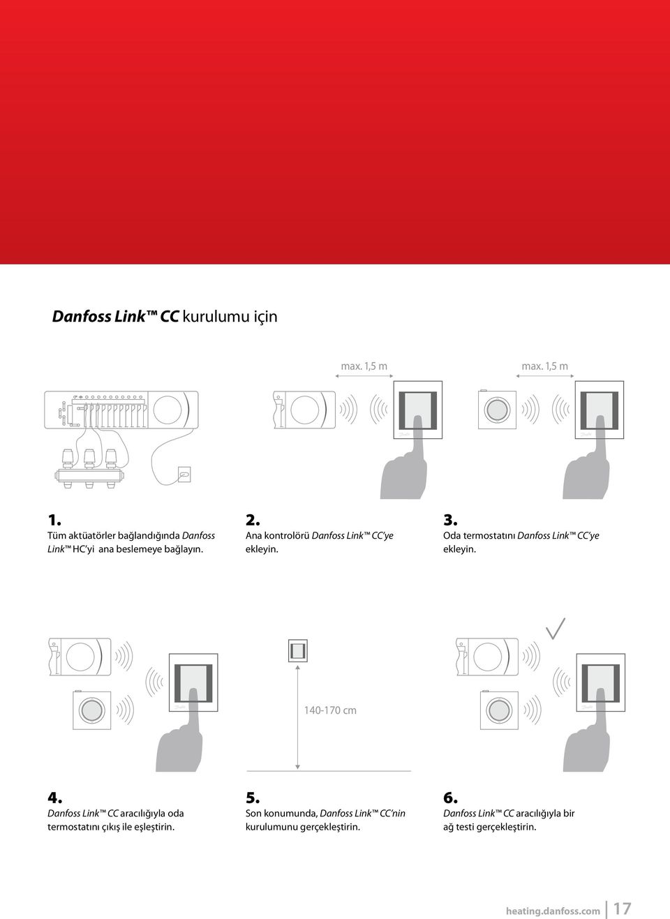 Ana kontrolörü Danfoss Link CC ye ekleyin. 3. Oda termostatını Danfoss Link CC ye ekleyin. 140-170 cm 4.