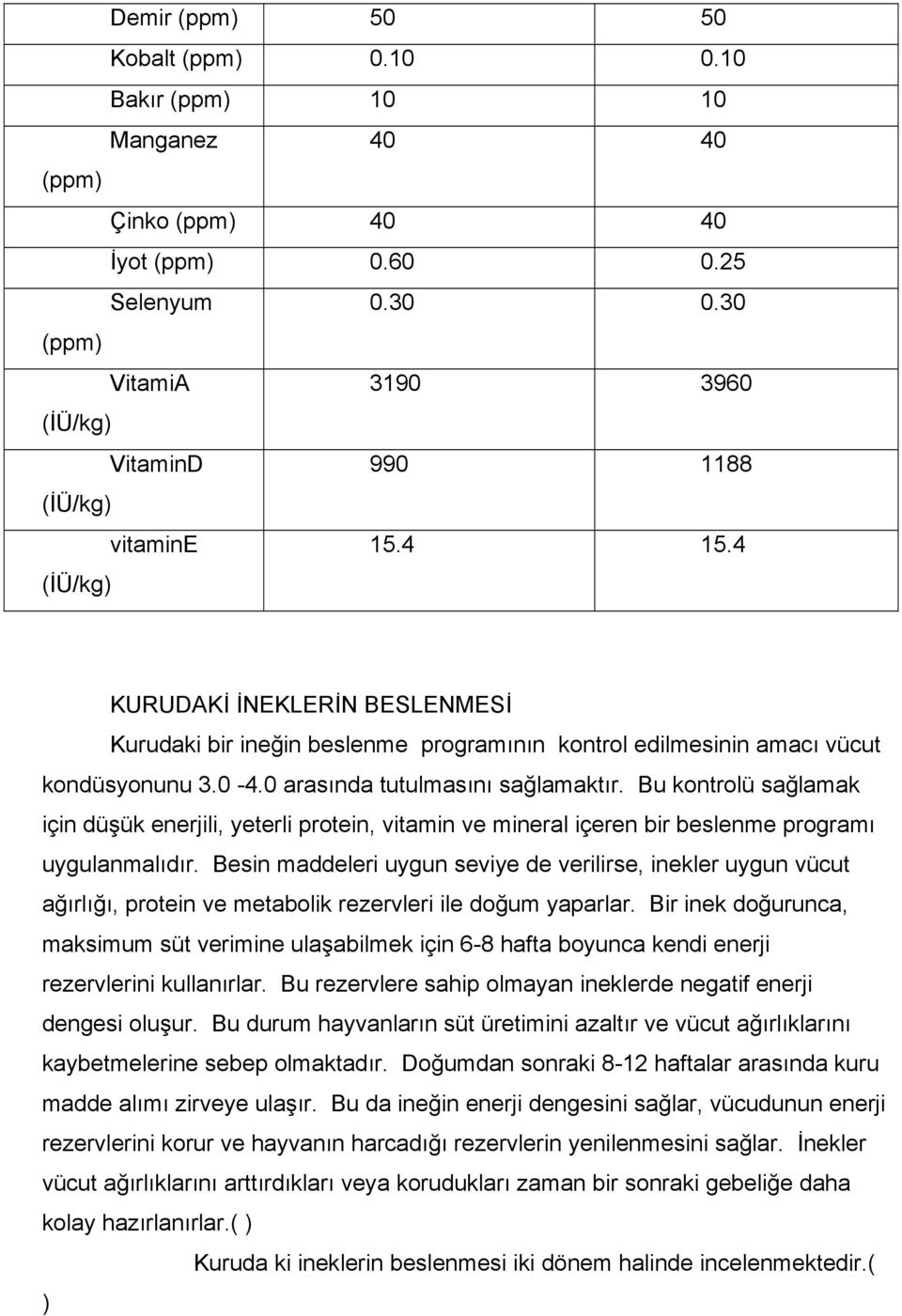 4 KURUDAKİ İNEKLERİN BESLENMESİ Kurudaki bir ineğin beslenme programının kontrol edilmesinin amacı vücut kondüsyonunu 3.0-4.0 arasında tutulmasını sağlamaktır.