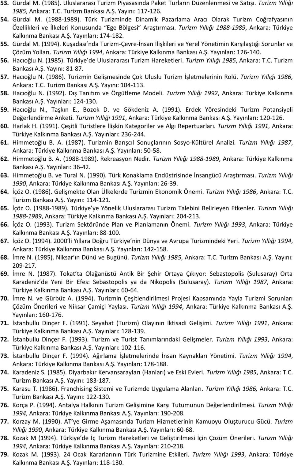 Yayınları: 174-182. 55. Gürdal M. (1994). Kuşadası nda Turizm-Çevre-İnsan İlişkileri ve Yerel Yönetimin Karşılaştığı Sorunlar ve Çözüm Yolları. Turizm Yıllığı 1994, Ankara: Türkiye Kalkınma Bankası A.