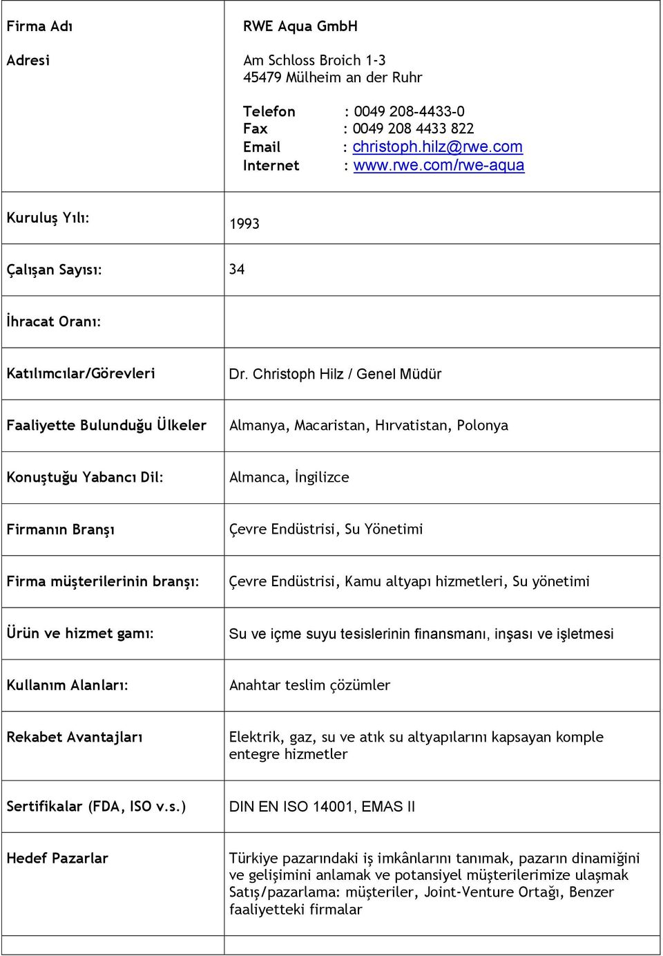 Christoph Hilz / Genel Müdür Faaliyette Bulunduğu Ülkeler Almanya, Macaristan, Hırvatistan, Polonya Konuştuğu Yabancı Dil: Almanca, İngilizce Firmanın Branşı Çevre Endüstrisi, Su Yönetimi Firma